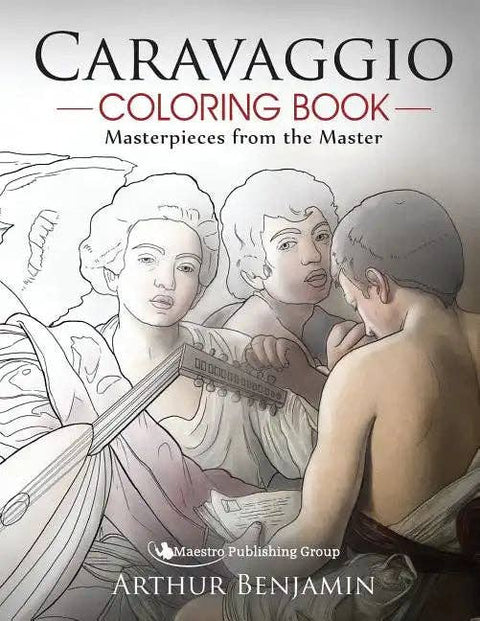 Caravaggio coloring book cover with artistic illustration and text.
