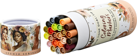 Set of colored markers with a floral design on the packaging