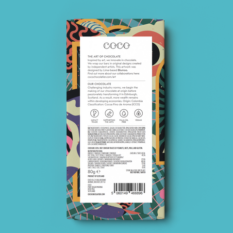 Chocolate bar packaging with colorful design on a blue background