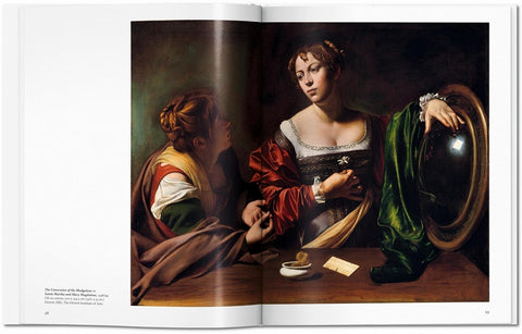 Open book showing a classical painting of two figures at a table.