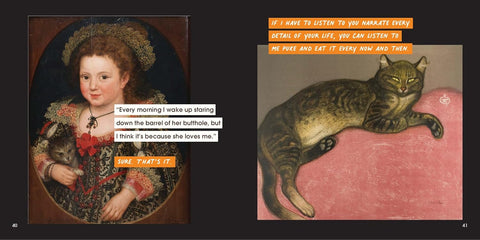Book page with a portrait of a woman holding a cat and a cat lying on a pink surface, with humorous text.