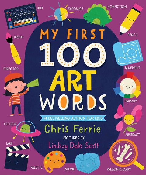 Book cover of 'My First 100 Art Words' with colorful illustrations and text.