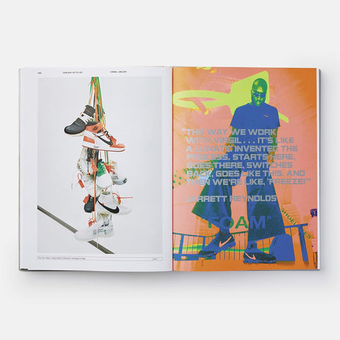 Open book showing two pages with sneaker design on one and colorful illustration with text on the other.