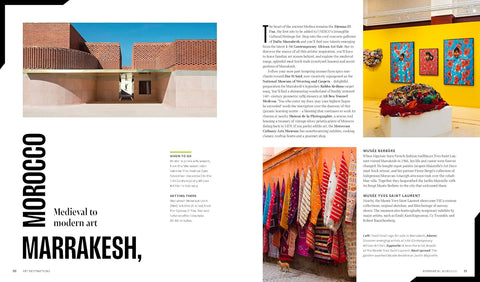 Book spread with Marrakesh architecture and art, featuring colorful paintings on a yellow wall.
