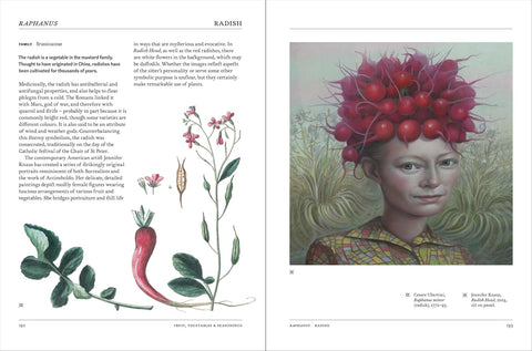 Book open to a page with illustrations of a radish and a person with a radish head, alongside text.
