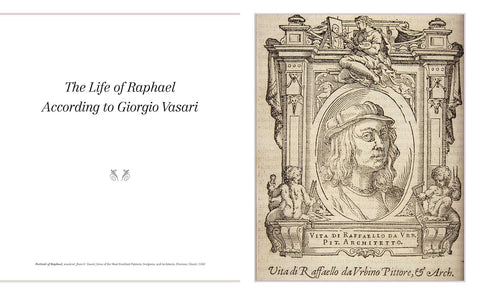 Book pages of 'The Life of Raphael According to Giorgio Vasari' with a portrait illustration on a beige background.