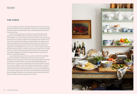 Kitchen scene with cooking ingredients and utensils on a counter, book page with text on the left
