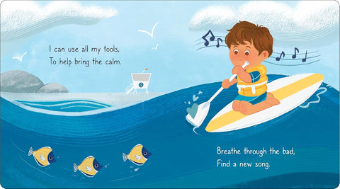 Illustration of a child on a paddleboard with musical notes, fish, and text about using tools to find calm.