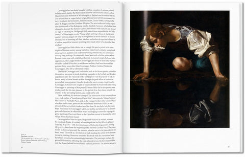 Open book with text on one page and a painting on the other