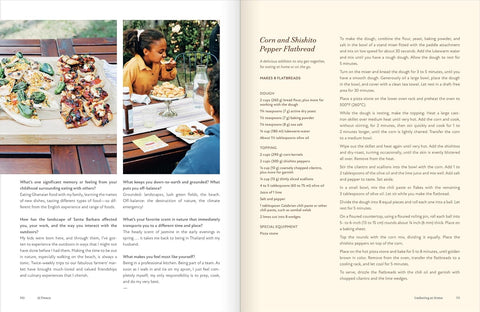 Cookbook page with a recipe for Corn and Shishito Pepper Flatbread, featuring an outdoor scene with people at a table.