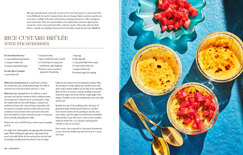 Rice custard brèlée with strawberries on a blue tablecloth, accompanied by a recipe.