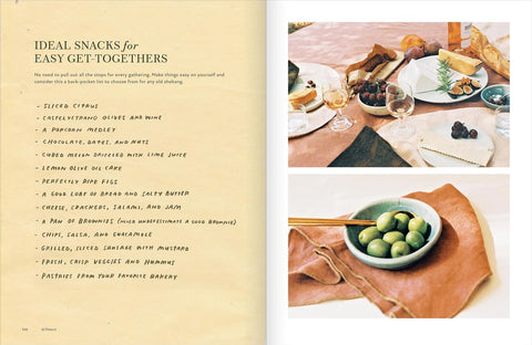 Page from a magazine or book featuring snacks for easy get-togethers with a bowl of olives on a table.
