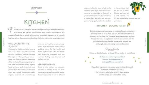 Book page with text on kitchen energy and spritzes, featuring a plant illustration.