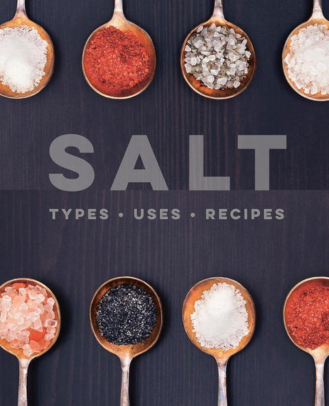 Spoons filled with different types of salt on a dark background with 'SALT' text.