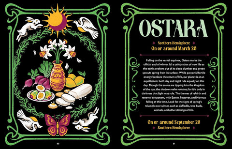 Illustration of Ostara, a holiday, with symbols and text on a black background.