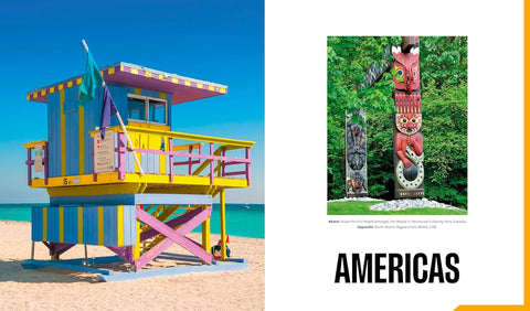 Colorful lifeguard tower on a beach with a totem pole in a forest, labeled 'Americas'.