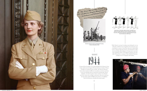 Woman in military uniform with historical text and images on a magazine layout