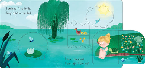 Children's book page with a turtle, pond, and girl reading scene.