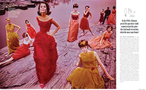 Vintage magazine layout with women in red and yellow dresses by a lake.