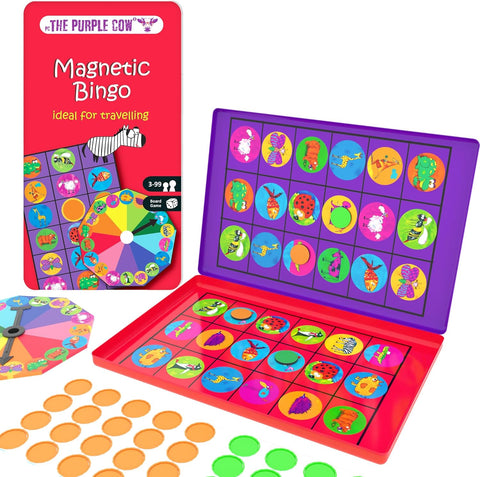 Colorful magnetic bingo game set with cards and markers on a white background