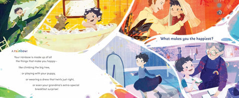 Collage of colorful illustrations in a book with people in various activities, including a child in a bathtub and an elderly feeding a kid.