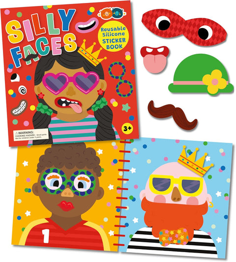 Silly Faces reusable silicone sticker book with additional stickers on a white background