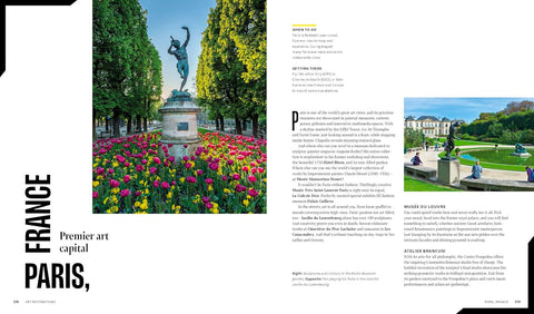 Book spread featuring a statue in a garden with colorful flowers and text about Paris, France.