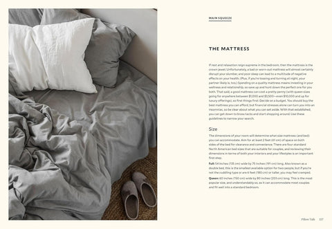 Bed with gray bedding and white pillows, accompanied by text on a white background.