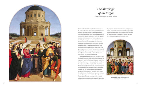 A temple facade with famous figures in front  and a section of text on a white background