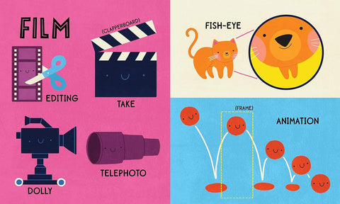 Illustrations of film editing, a cat with a fish-eye lens, a camera, and animation on a colorful background.
