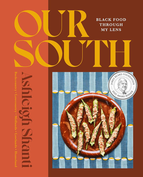Book cover of 'Our South' with a plate of food on a patterned tablecloth.