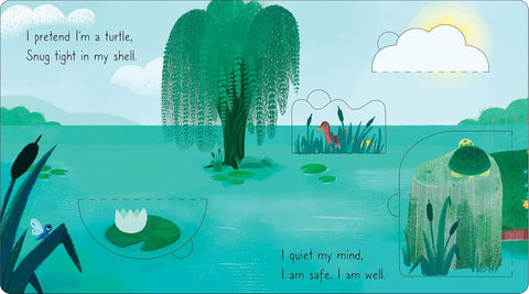 Illustration of a turtle in a pond with text, surrounded by greenery and a blue sky.