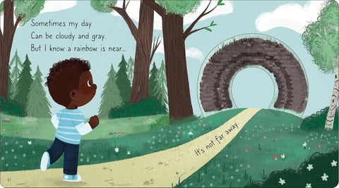 Illustration of a child walking towards a rainbow tunnel in a forest.