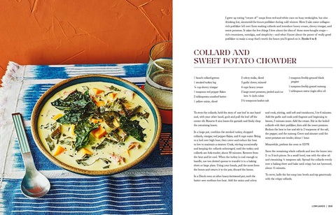 Collard and sweet potato chowder in a bowl with a spoon on a colorful napkin, alongside a recipe text.