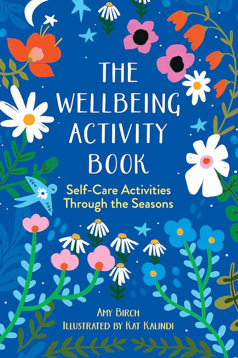 Book cover of 'The Wellbeing Activity Book' with floral design on a blue background