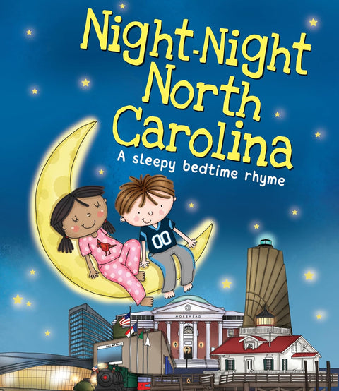 Book cover of 'Night-Night North Carolina' with two children on a crescent moon over a cityscape.