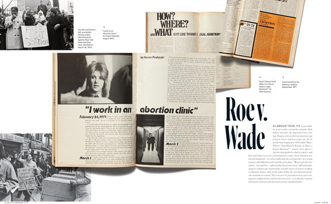 Open book with text and images related to abortion clinic work, surrounded by newspaper clippings and photos.