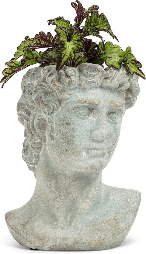 Statue head planter with green leaves on a white background