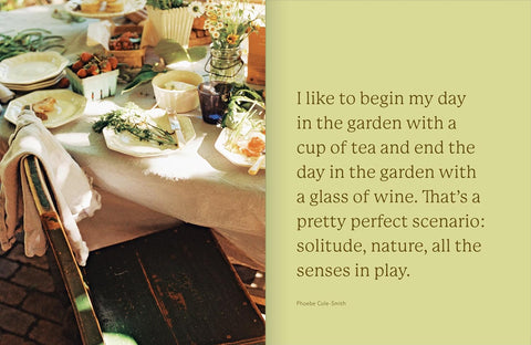 Table setting with plates, cups, and a vase on a garden path with a quote about starting and ending the day in the garden.