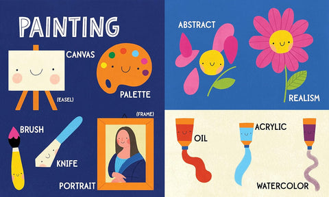 Illustrations of art tools and styles with text labels on a blue background