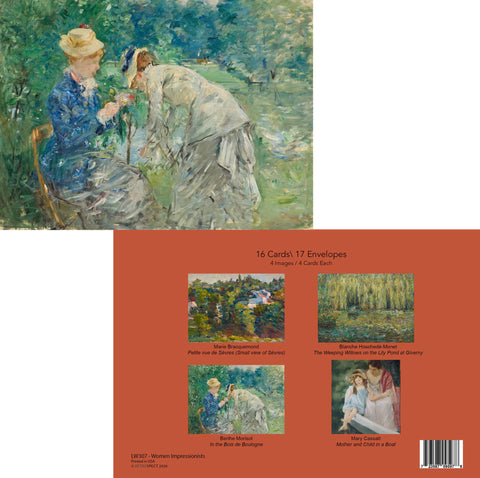Set of cards and envelopes with Monet artwork featuring two women by a pond.