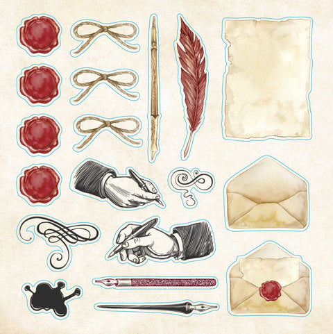 Collection of vintage-style stickers including a quill, wax seals, and an envelope on a beige background.