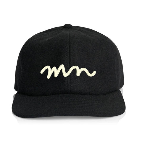 Black cap with white logo on a white background