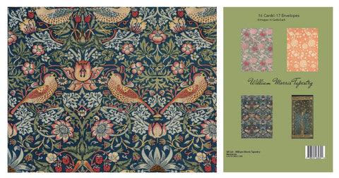 William Morris design with birds and flowers on a patterned background, alongside packaging.