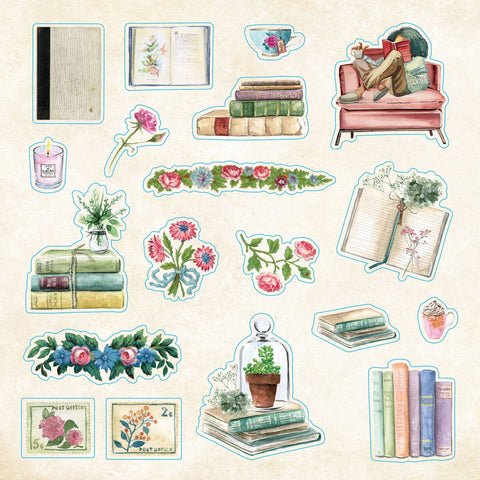 Collection of decorative stickers featuring books, flowers, and a couch on a beige background.