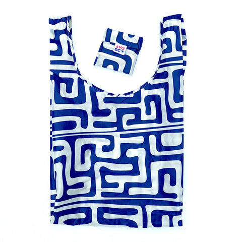 Blue and white patterned reusable shopping bag with a small bag on a white background