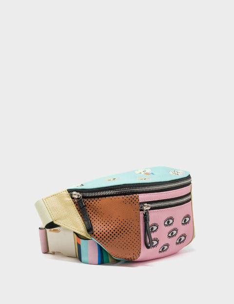 Multicolored fanny pack with different patterns on a white background