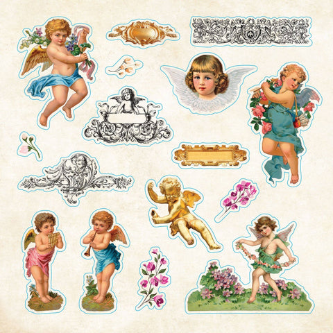 Vintage-style stickers featuring cherubs and decorative elements on a beige background