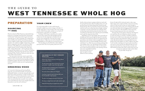 Book layout with text on West Tennessee Whole Hog preparation and a photo of three people in a field.