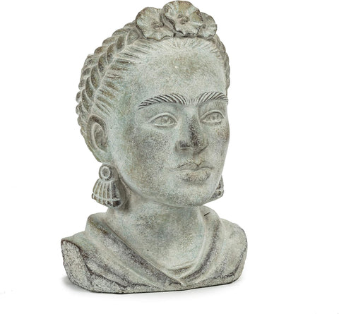 Stone sculpture of a woman's head with floral hair accessory on a white background